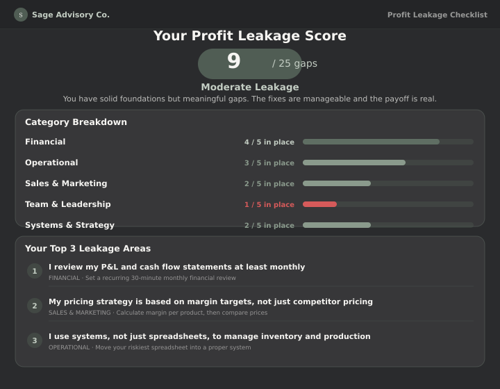 Profit Leakage Checklist — sample results showing your leakage score, category breakdown and top leakage areas