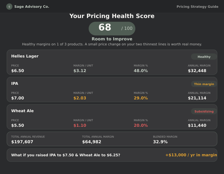 Pricing Strategy Guide — sample results showing your pricing health score, per-product margins and what-if scenarios